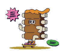 Smoky Carolina BBQ character in ribs costume doing a kickflip on skateboard