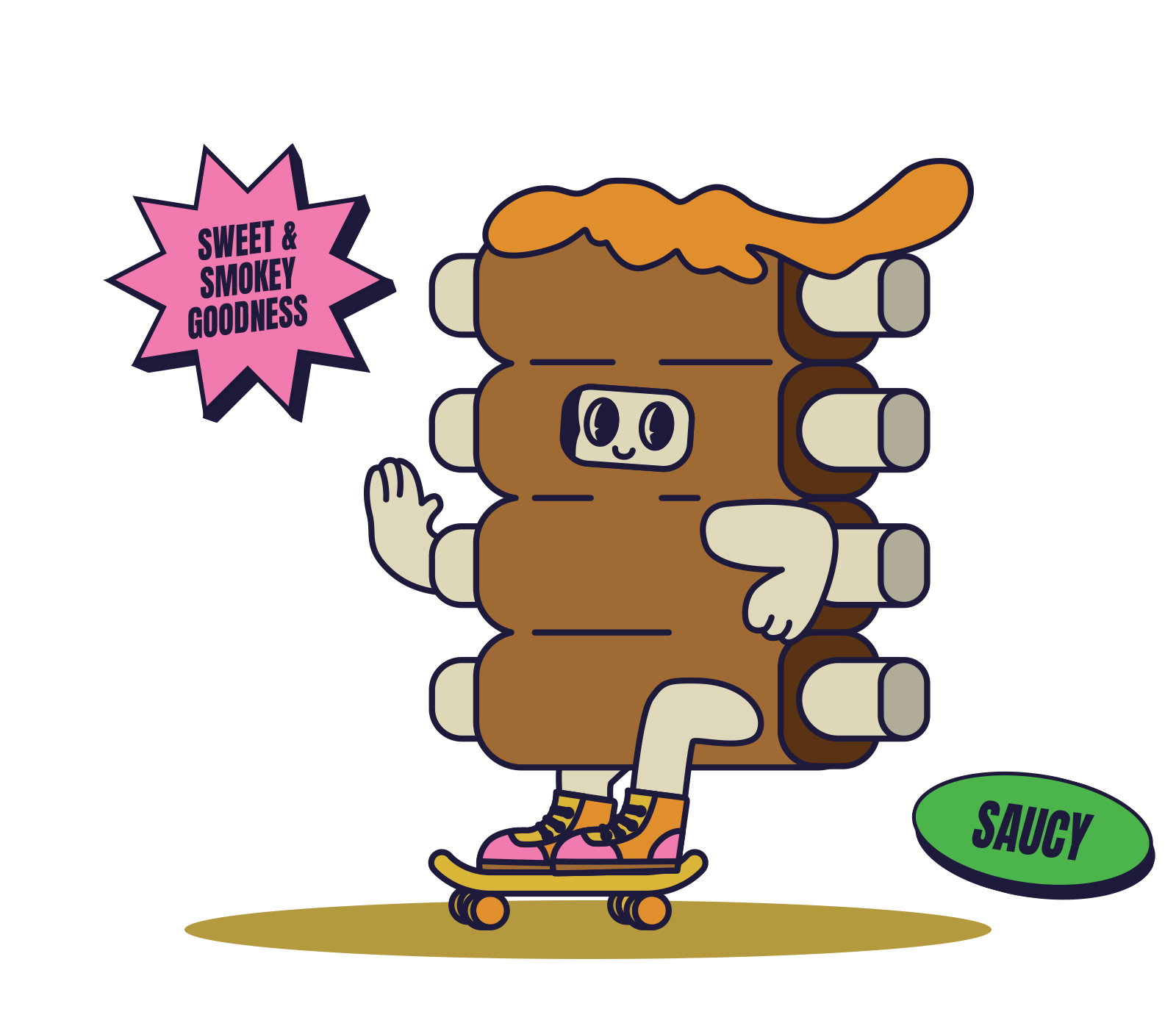 Smoky Carolina BBQ character in ribs costume doing a kickflip on skateboard