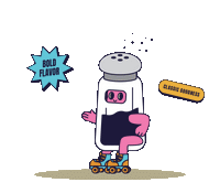 Smoked Black Pepper character in pepper shaker costume doing tail grab in roller skates