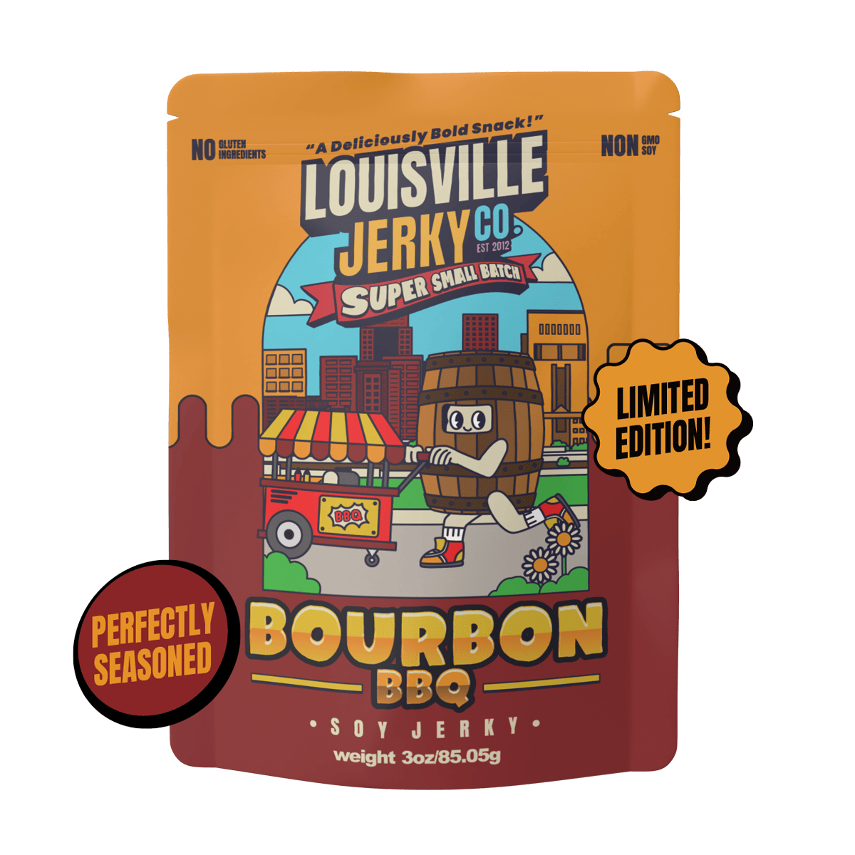 Louisville Jerky Co. Bourbon BBQ soy jerky package with cartoon illustration on a white background