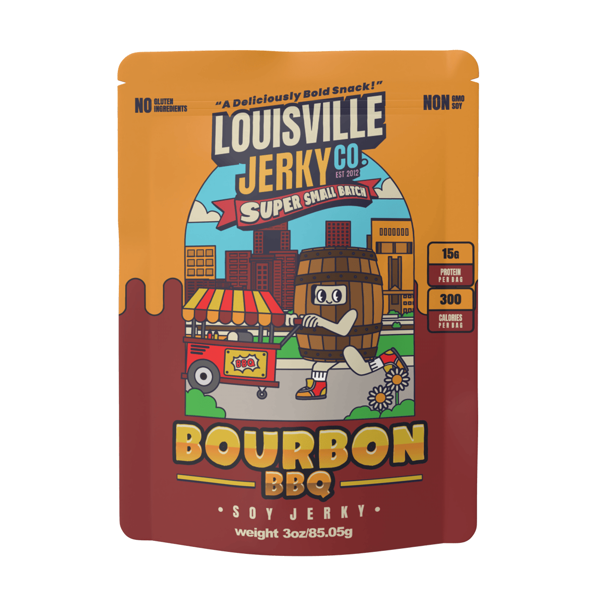Louisville Jerky Co. bourbon BBQ soy jerky package with colorful design on a white background