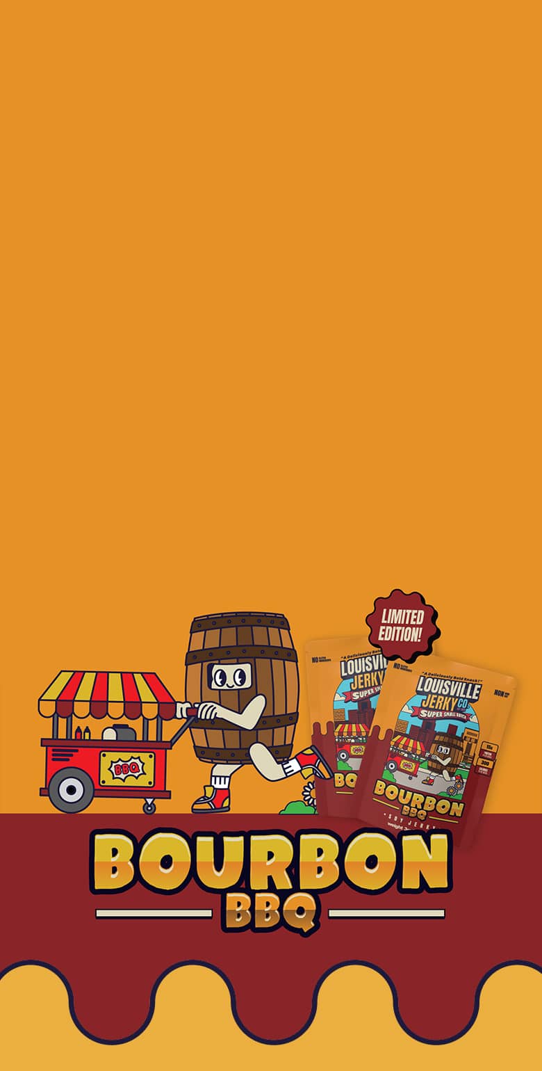 Bourbon BBQ branding with a barrel character on an orange background