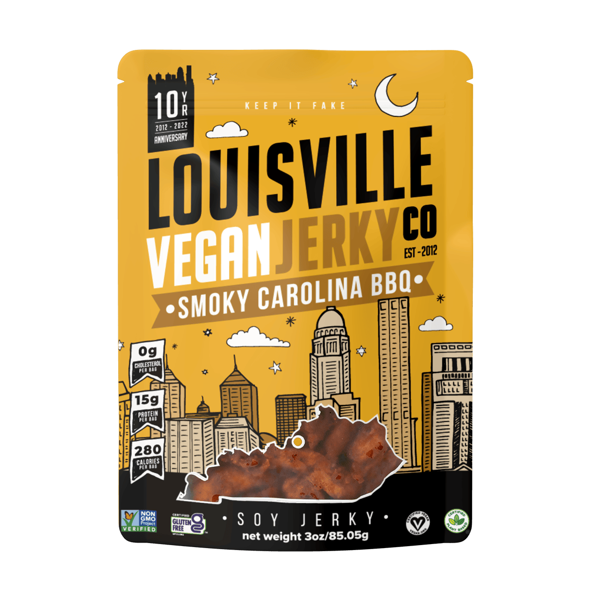 Packaging for Louisville Vegan Jerky Co. Smoky Carolina BBQ flavor.