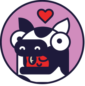 Illustration of person in a cow mascot costumer winking with heart over head.