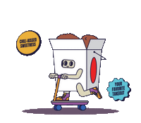 General Tso character in fast-food container doing a tail whip on a scooter