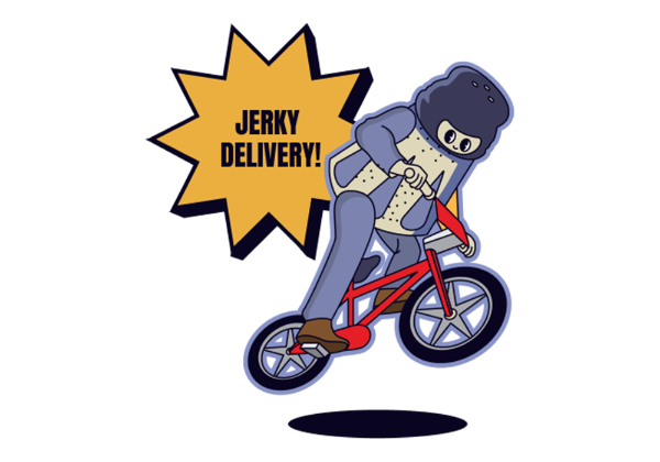 Cartoon character on a bike with a 'Jerky Delivery!' sign