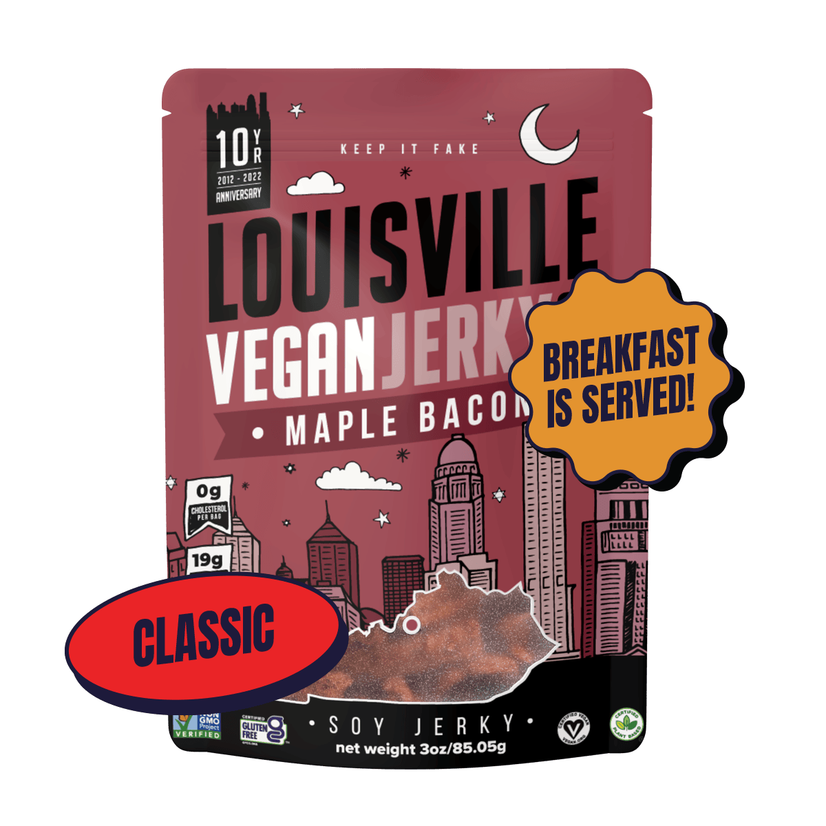 Packaging for Louisville Jerky Co. Maple Bacon flavor.