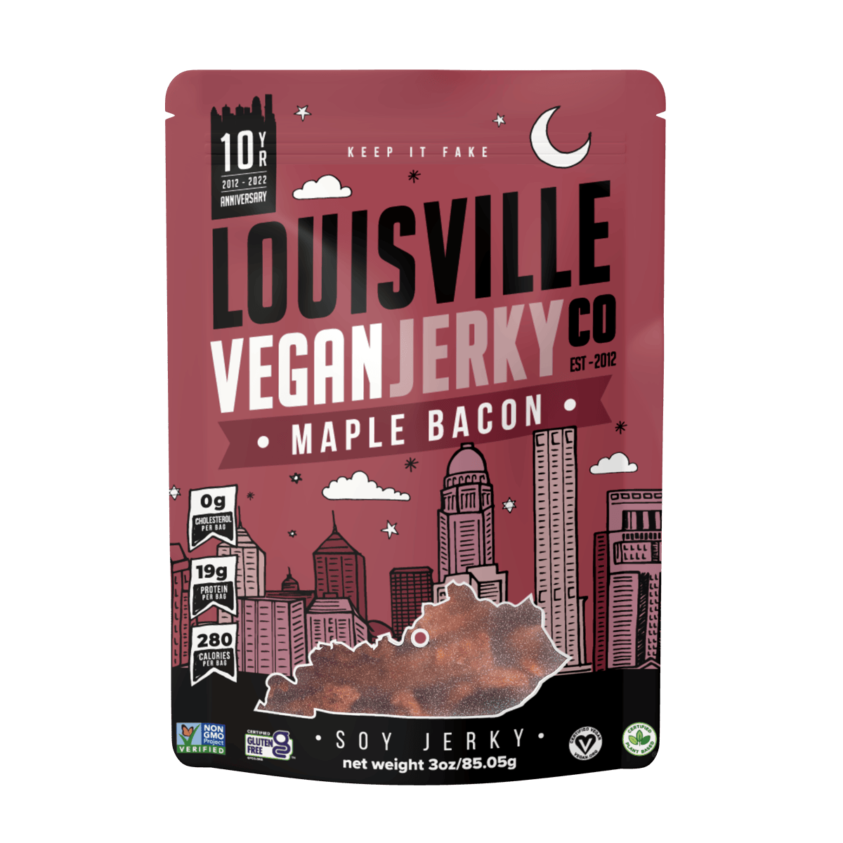 Packaging for Louisville Jerky Co. Maple Bacon flavor.
