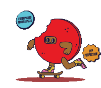 Pepperoni Character doing a kickflip on a skateboard