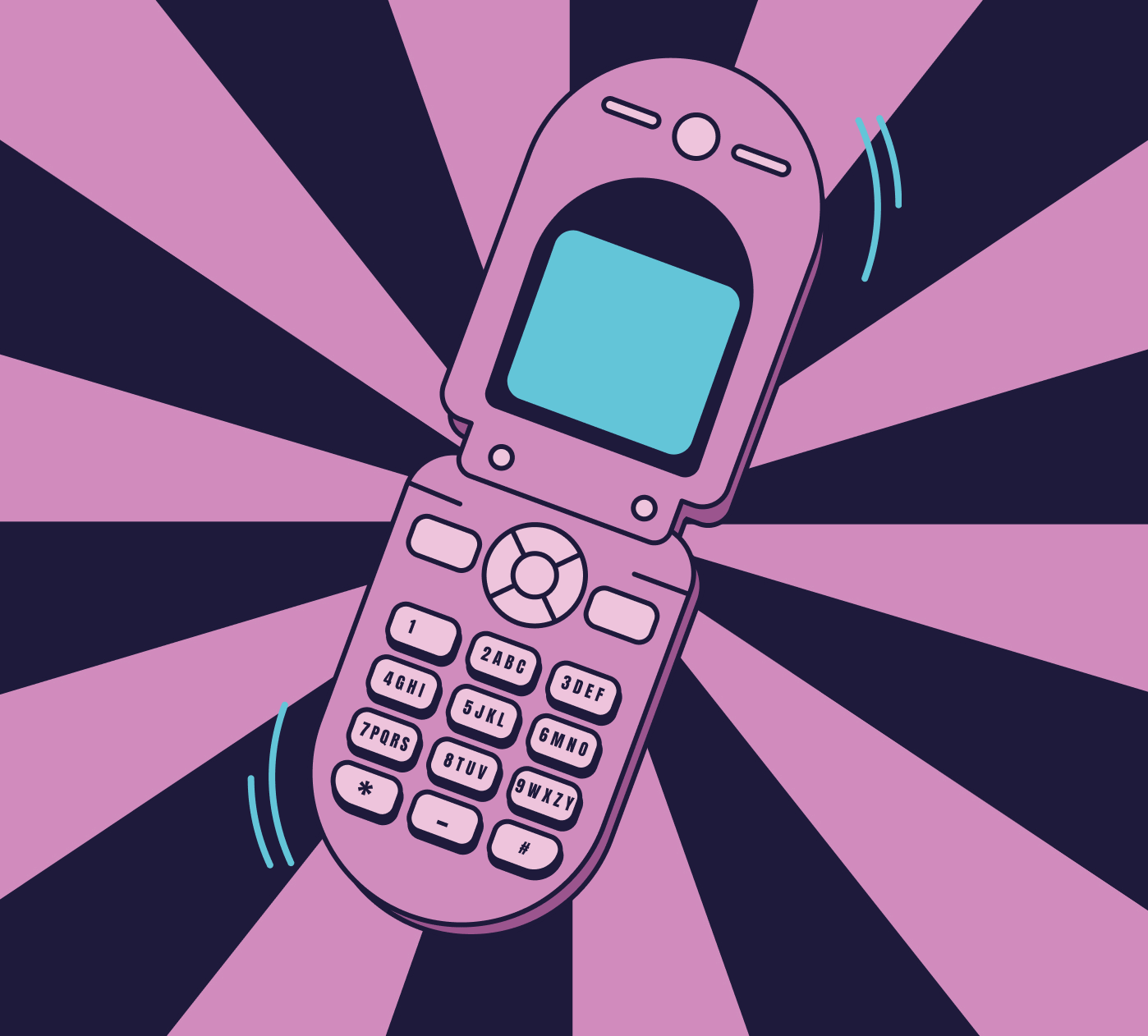 Illustration of flip phone vibrating with starburst background. Flashing bubble that says "Text Us".