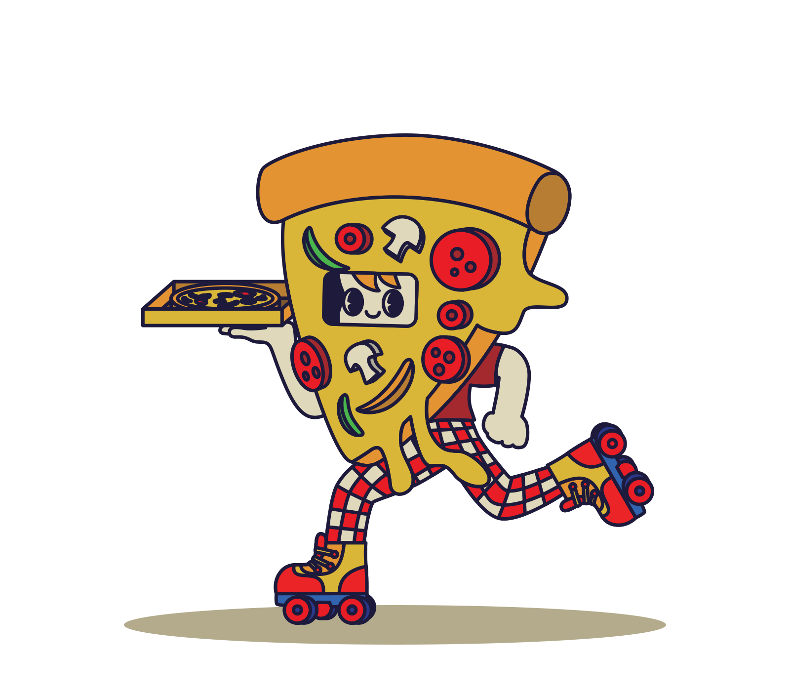 Pizzaria Supreme character in pizza costume jumping in roller skates