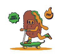 Jalapeño Popper character doing tail whip on scooter