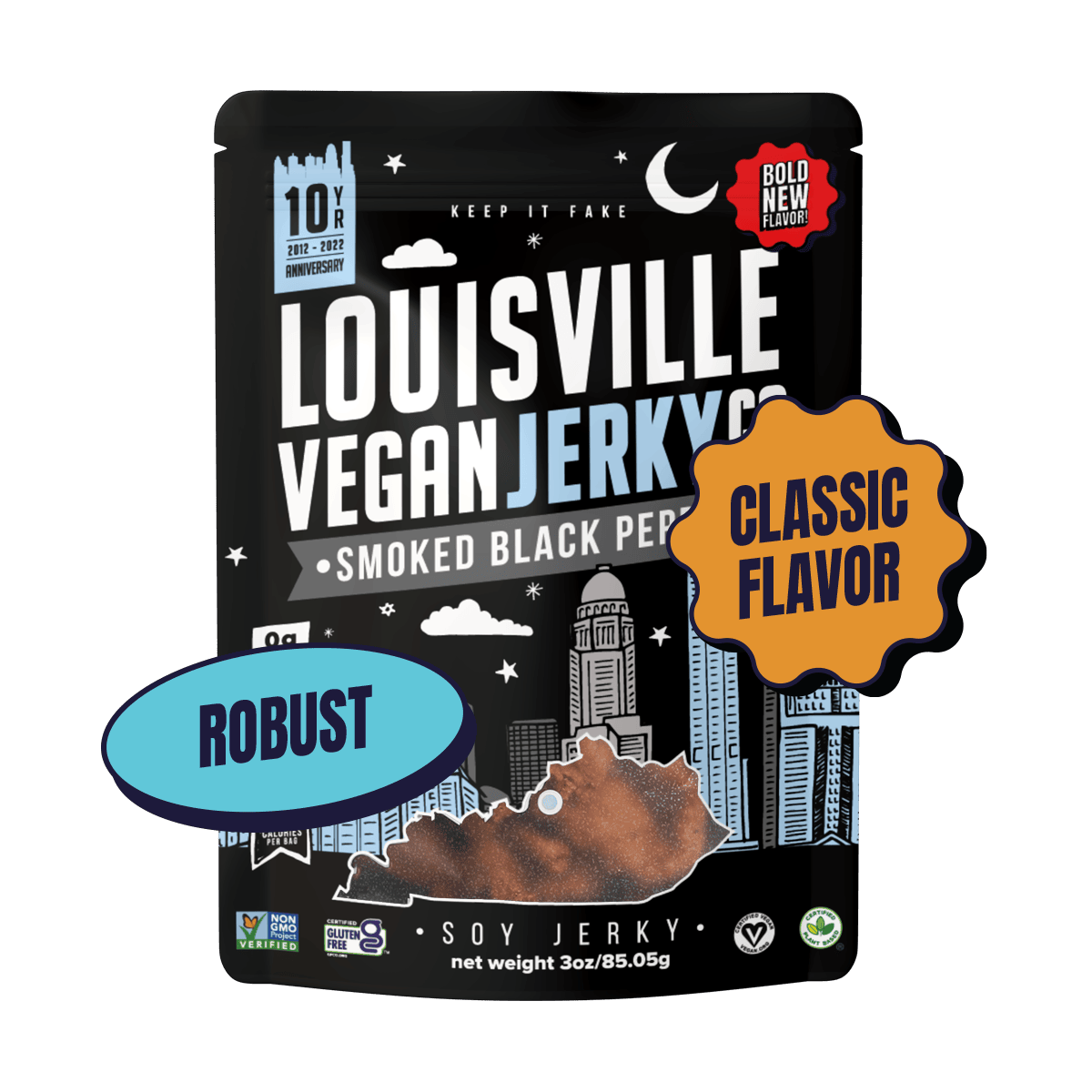Packaging for Louisville Jerky Co. Smoked Black Pepper flavor.