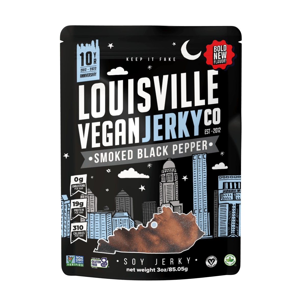 Packaging for Louisville Jerky Co. Smoked Black Pepper flavor.