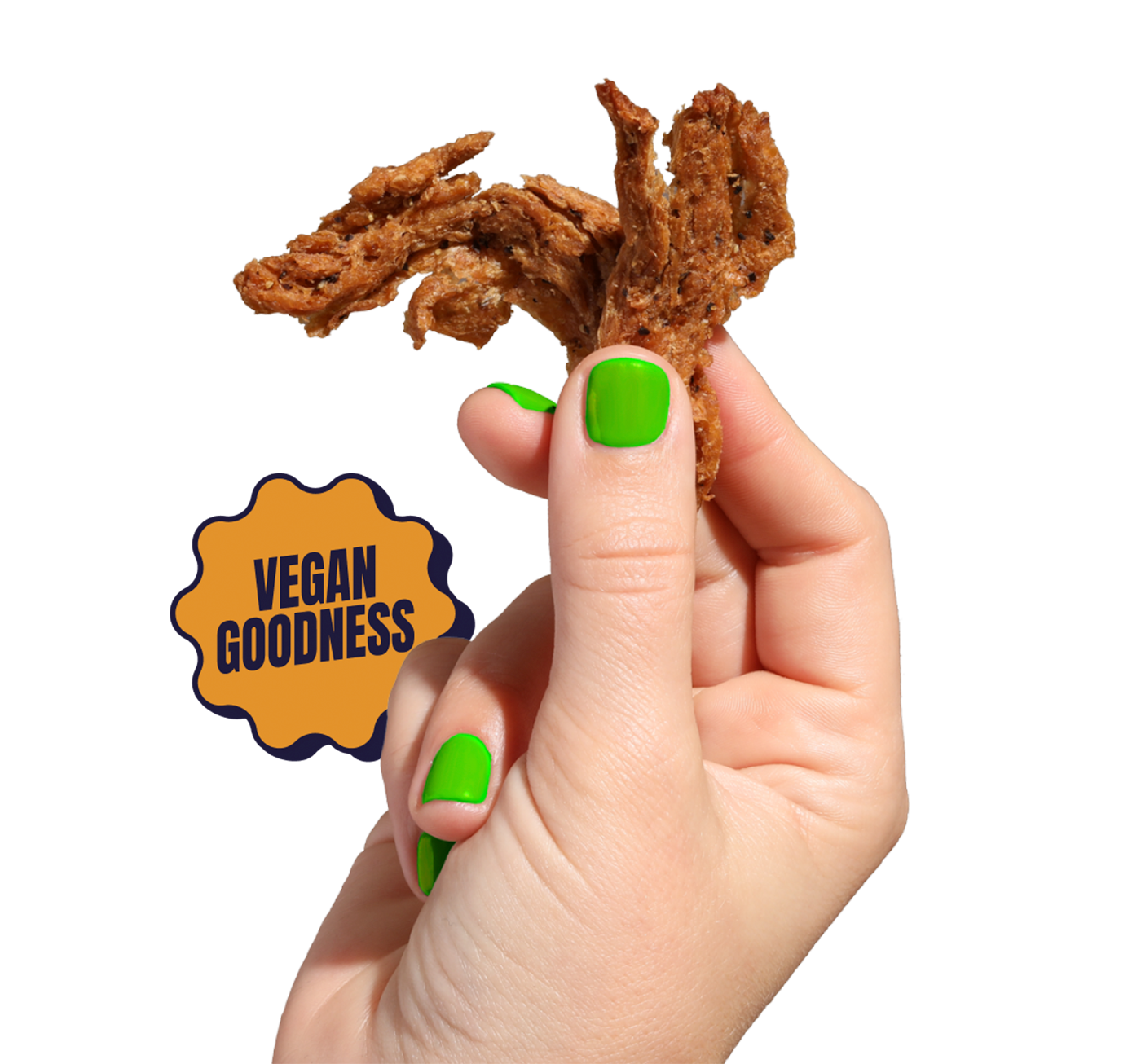 Hand with green painted fingernails holding piece of vegan jerky. Illustrated badge that says "Vegan Goodness"