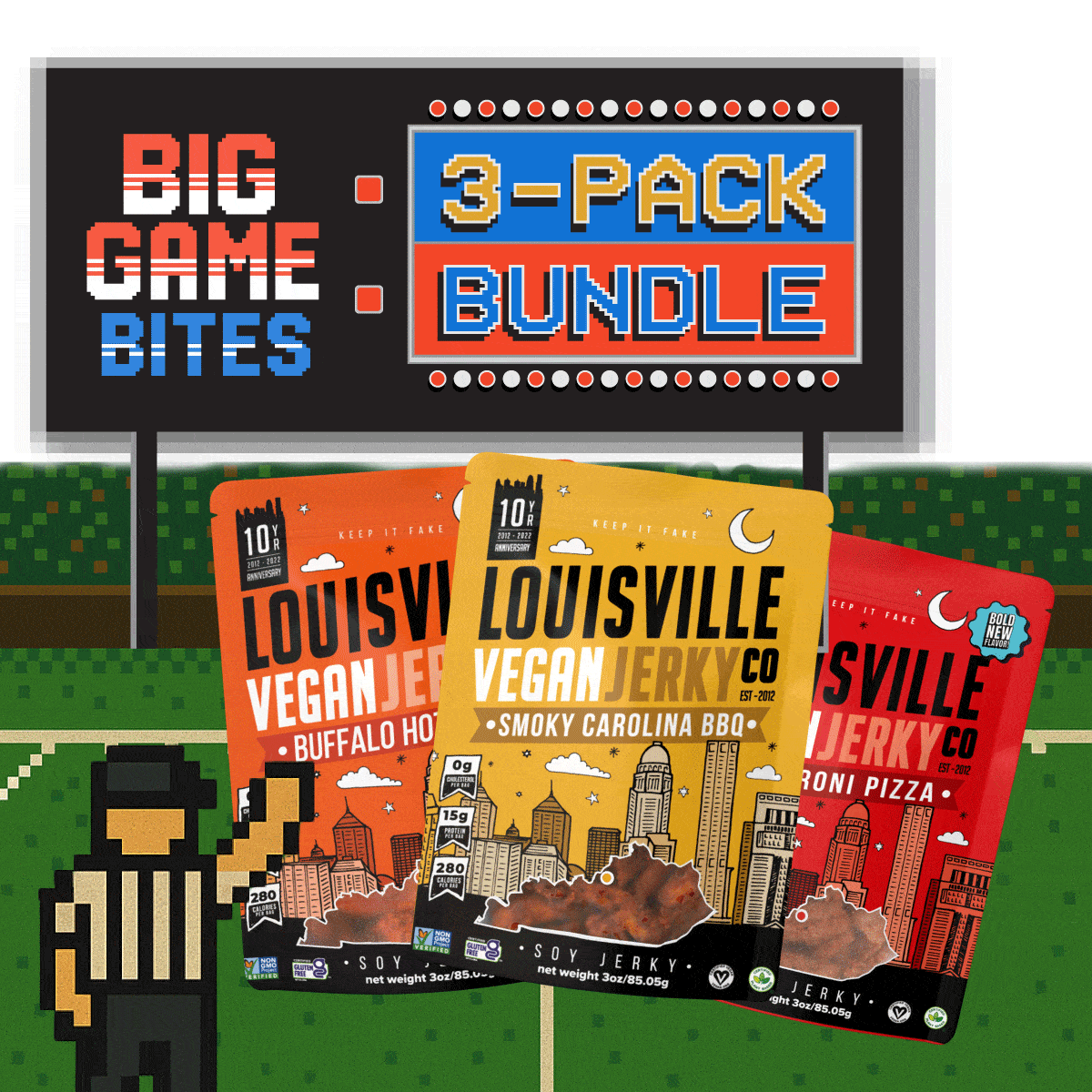 Pixel Illustration of a ref with three bags of jerky on a football field with a sign that says "Big Game Bites: 3-Pack Bundle".