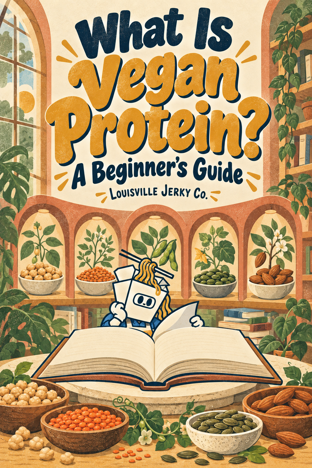 Louisville Jerky Co. concept illustration for “What Is Vegan Protein? A Beginner's Guide”: chickpeas, lentils, pumpkin seeds and almonds around a botanical learning cabinet and open guidebook, with the carton mascot reading.