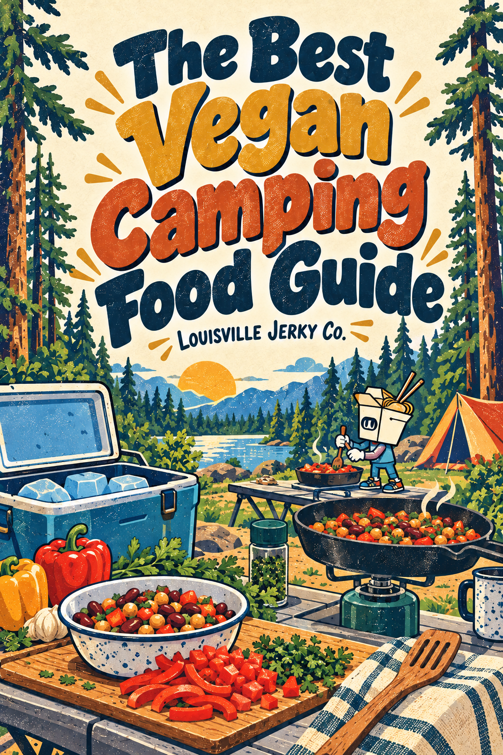 Louisville Jerky Co. conceptual illustration of the takeout mascot cooking vegan beans, peppers and tomatoes at an established campsite, with a separate insulated cooler and visible cold packs. No storage duration or tested recipe is implied.