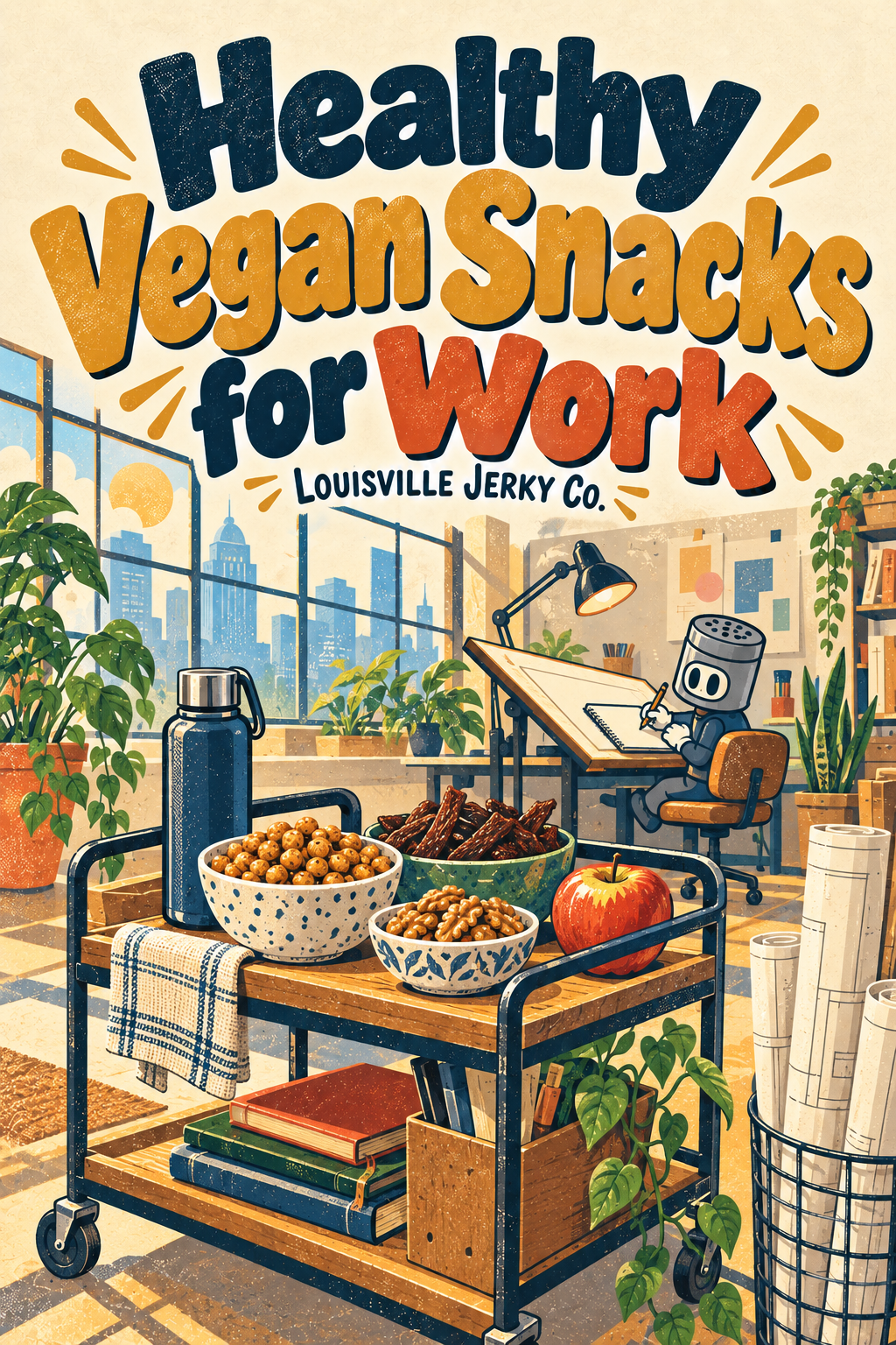 Louisville Jerky Co. conceptual illustration of the pepper-shaker mascot in a drafting office with roasted chickpeas, walnuts, soy-based vegan jerky and an apple on a snack trolley. No energy, concentration or productivity effect is promised.
