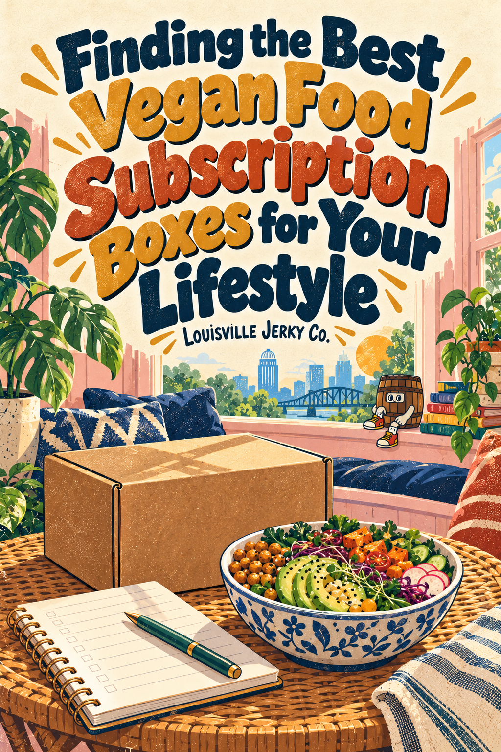 Louisville Jerky Co. conceptual vegan illustration: a closed plain food delivery box, a colorful vegetable bowl and an unmarked paper planner on a round wicker table.