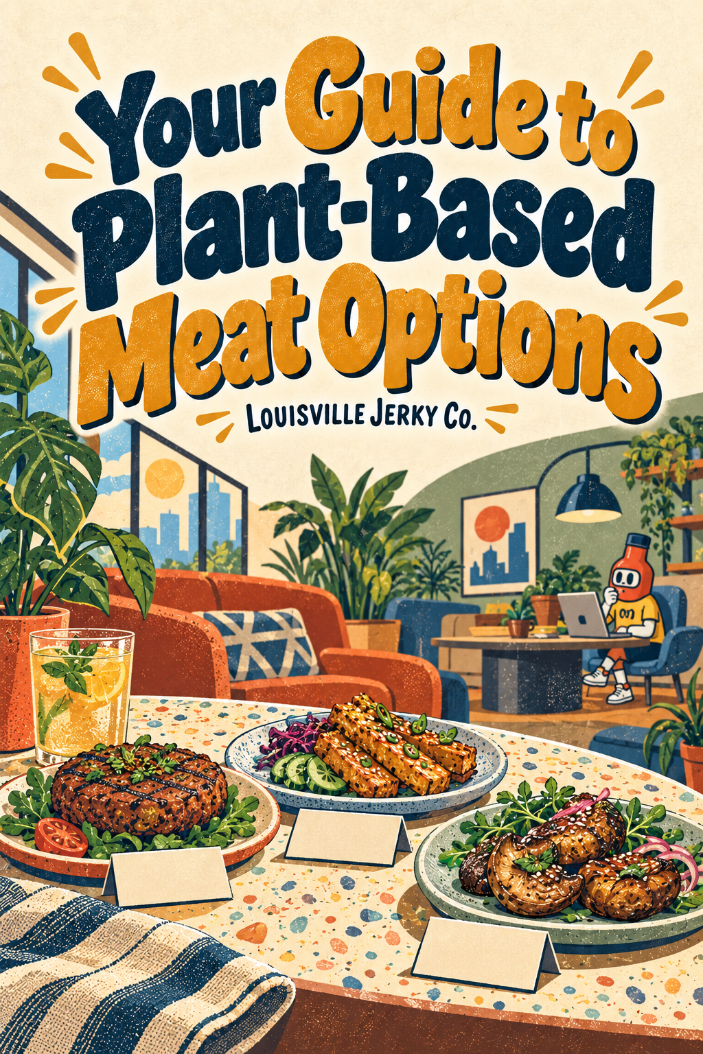 Louisville Jerky Co. conceptual vegan illustration: three separated small appetizer plates showing a bean patty, tofu strip and mushroom bite, blank comparison cards nearby.