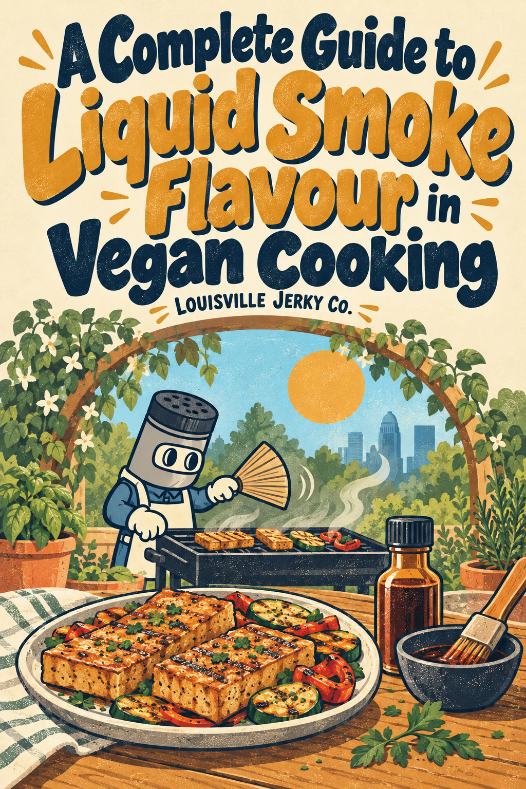 Louisville Jerky Co. concept illustration with glazed tofu, grilled zucchini and red peppers, a plain amber liquid-smoke bottle and the gray pepper-shaker mascot beneath a flowering garden arch.