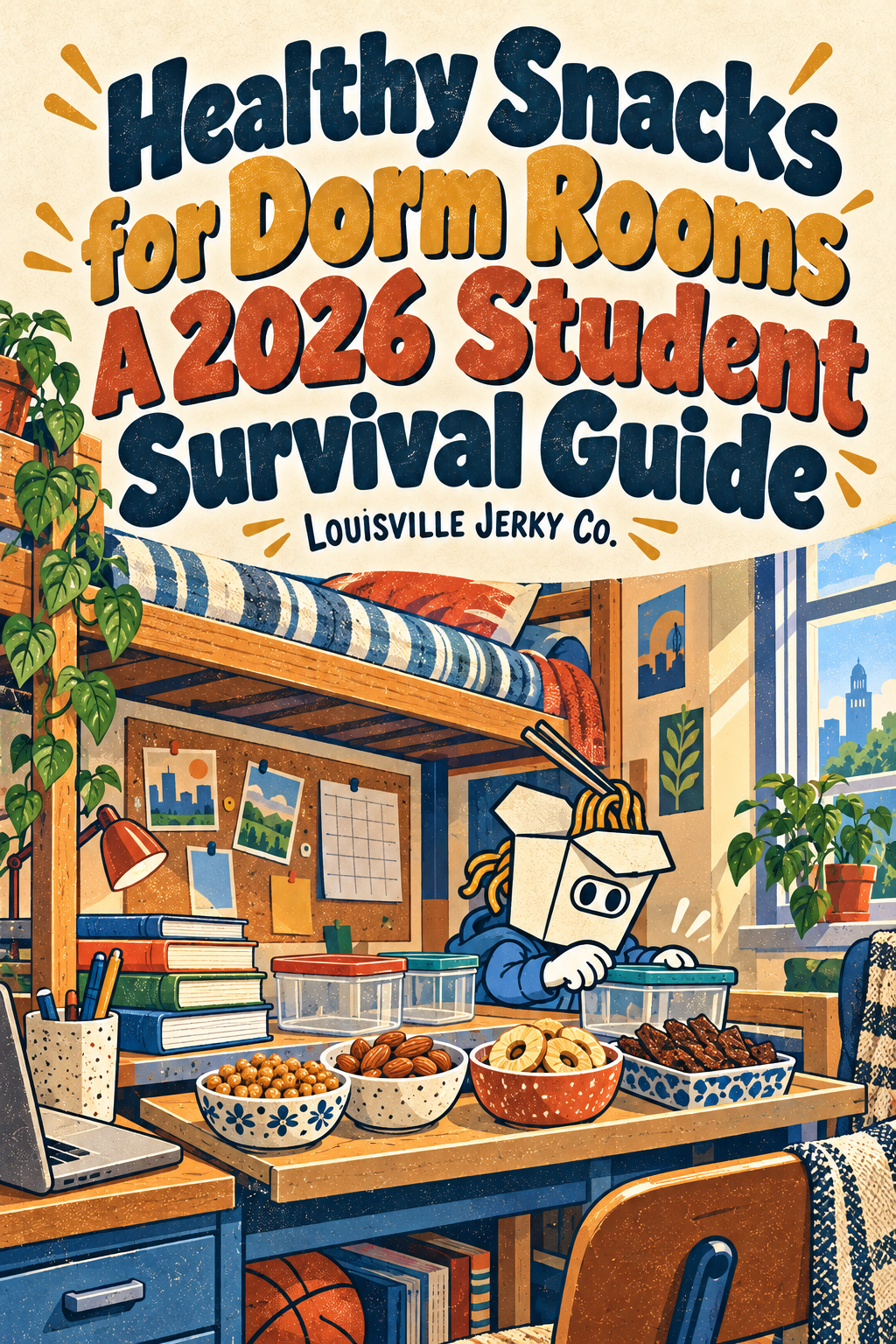 Louisville Jerky Co. screen-print illustration of the takeout mascot at a dorm-room pull-out snack shelf beneath a loft bed, with commercially prepared dry-roasted chickpeas, almonds, dried apple rings and soy-based vegan jerky.