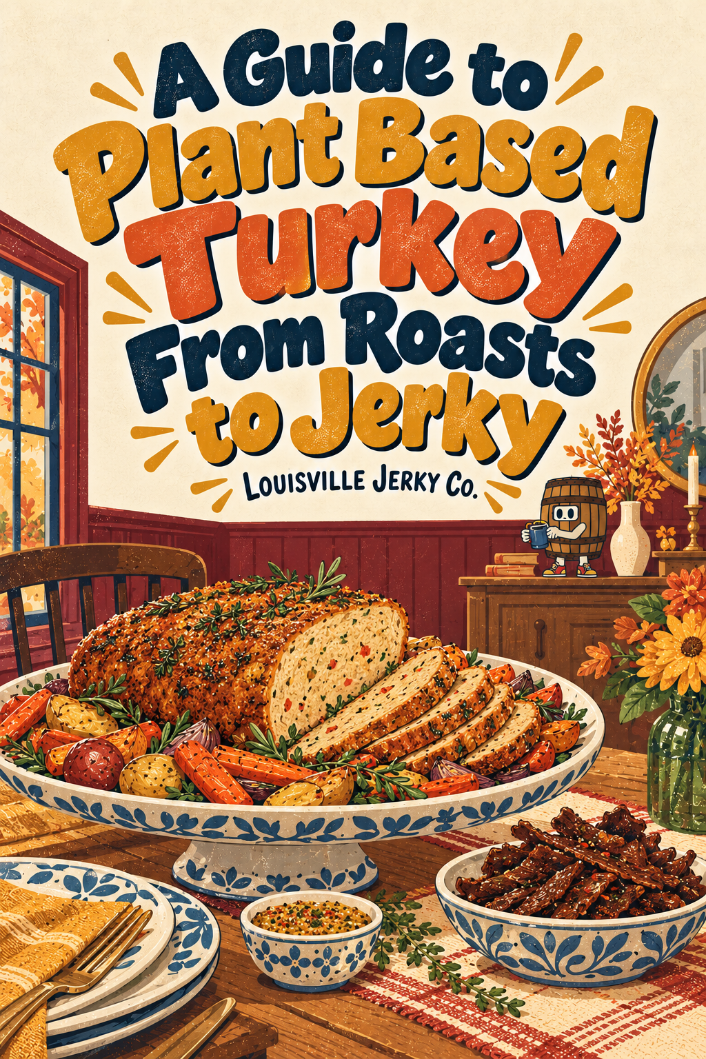 Louisville Jerky Co. conceptual vegan illustration: a sliced conceptual vegan wheat-and-soy roast on a pedestal platter, a separate tiny dish of vegan jerky strips and roasted carrots.