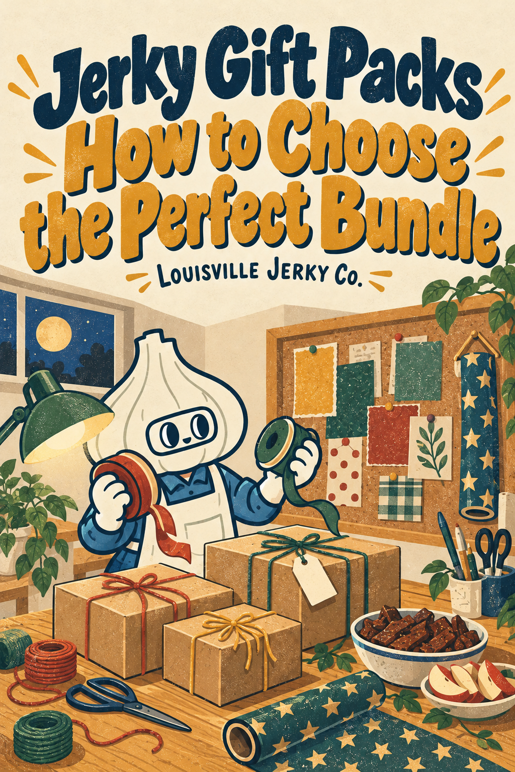 Louisville Jerky Co. screen-print illustration: The garlic mascot planning vegan snack gifts among wrapping-paper swatches, with plain parcels and a separate soy-based jerky and apple snack.