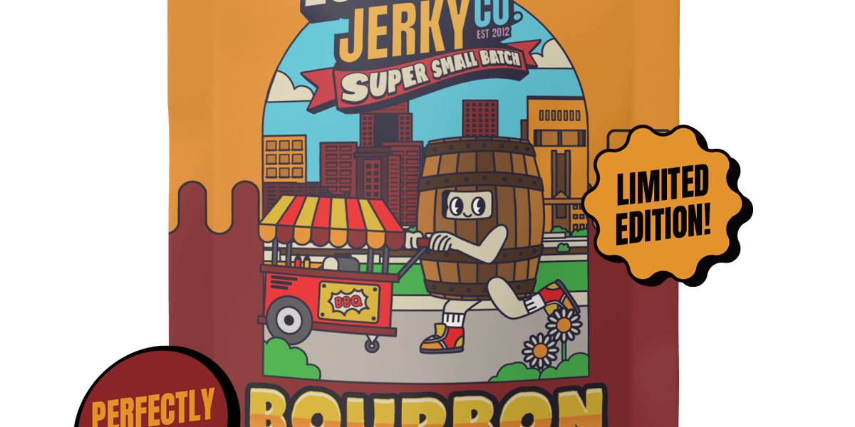 Louisville Jerky Co. Bourbon BBQ soy jerky package with cartoon illustration on a white background