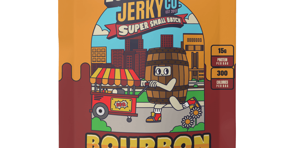 Louisville Jerky Co. bourbon BBQ soy jerky package with colorful design on a white background