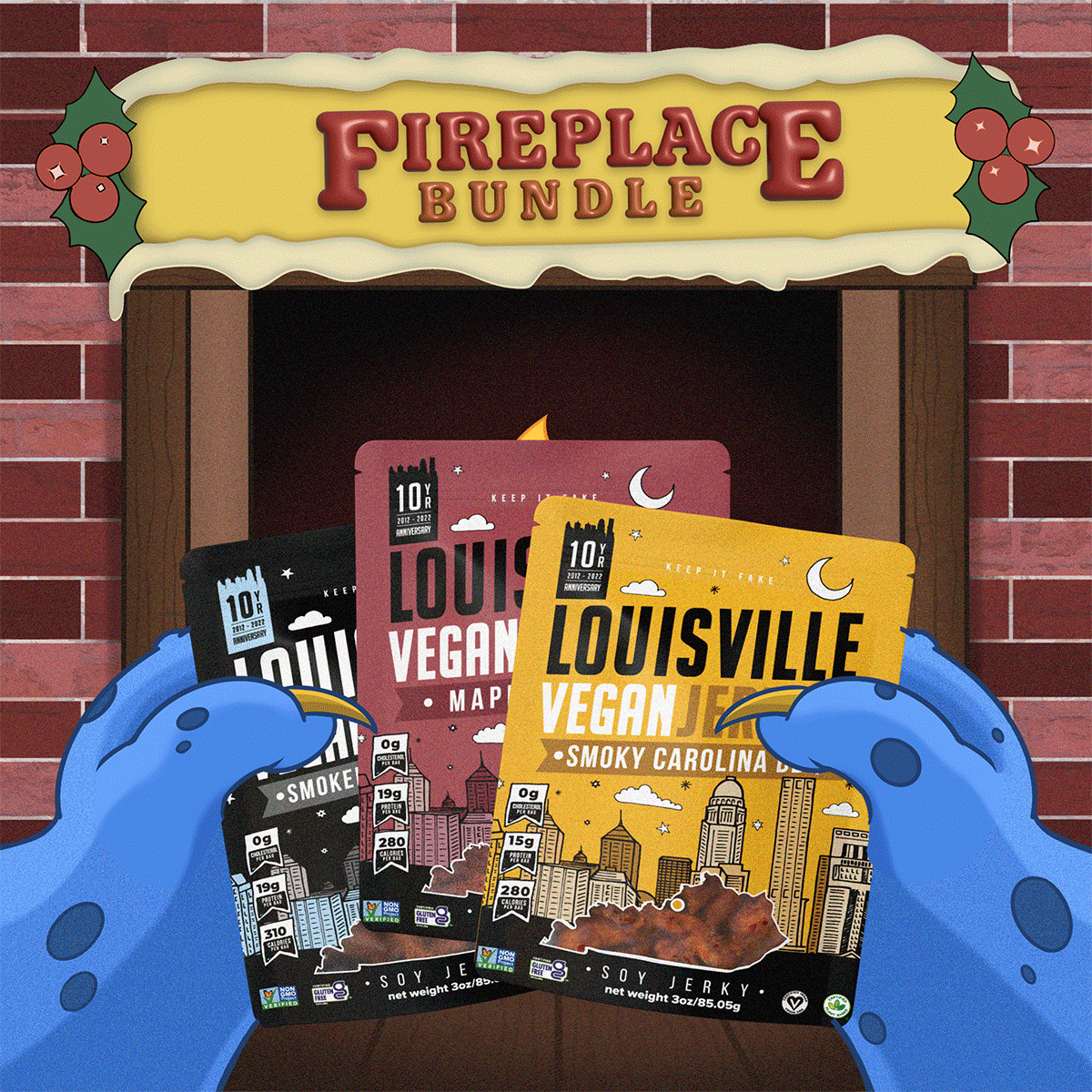 Illustration of blue monster arms holding 3 bags of jerky with fireplace in the background.