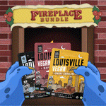 Illustration of blue monster arms holding 3 bags of jerky with fireplace in the background.