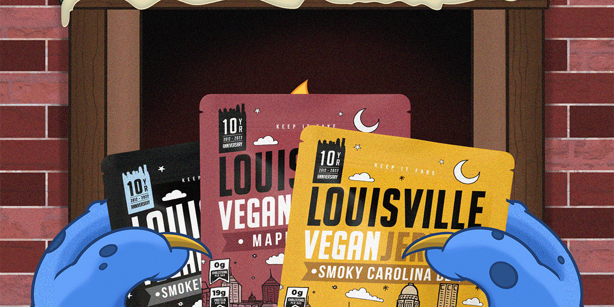 Illustration of blue monster arms holding 3 bags of jerky with fireplace in the background.