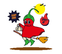 Illustration of Ghost Pepper Character riding broom with "Scary Good" and "Spicy AF" callouts.