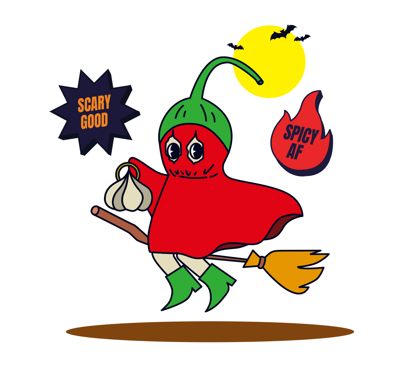Illustration of Ghost Pepper Character riding broom with "Scary Good" and "Spicy AF" callouts.