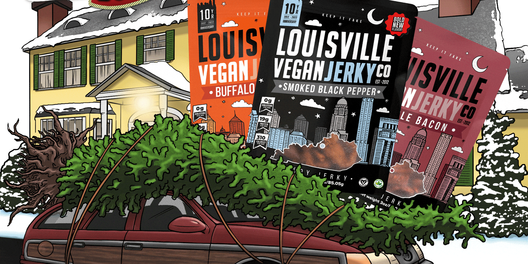 Illustration of Christmas Tree on top of station wagon with 3 bags of jerky floating behind it. Sign with blinking lights that says "Holiday Roadtrip Bundle"