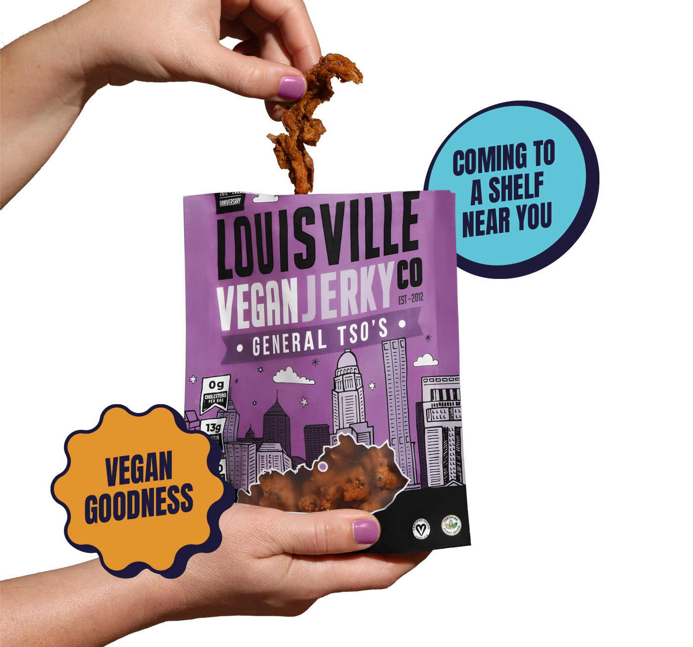 Person holding bag of General Tso's vegan jerky. Popups that say "Vegan Goodness" and "Coming to a shelf near you".