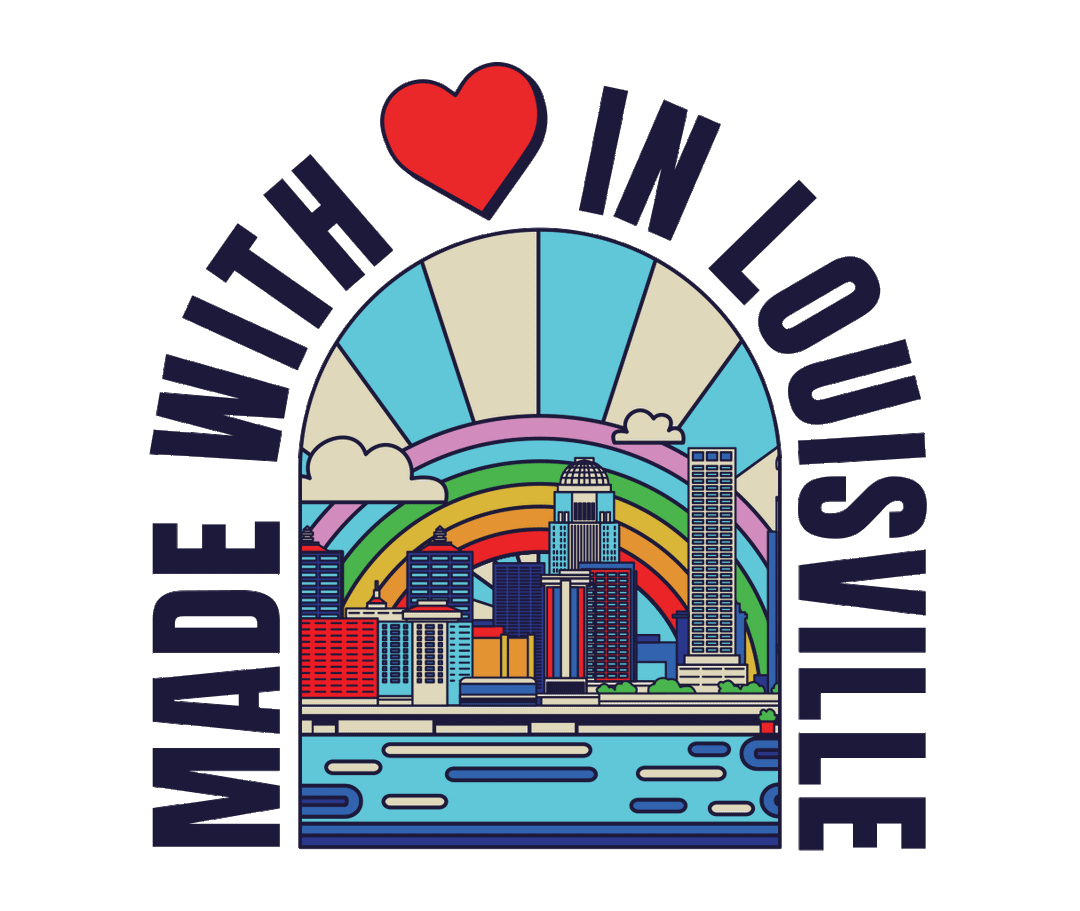 Illustration Of Louisville Kentucky in arch window with "Made with Love in Louisville" wrapping around arch.