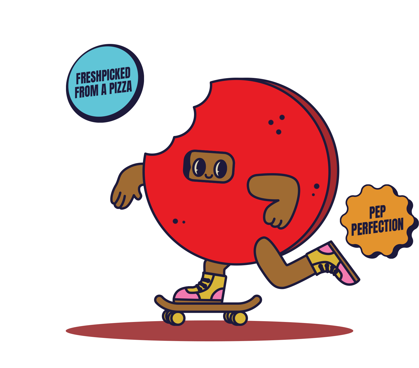Pepperoni Character doing a kickflip on a skateboard