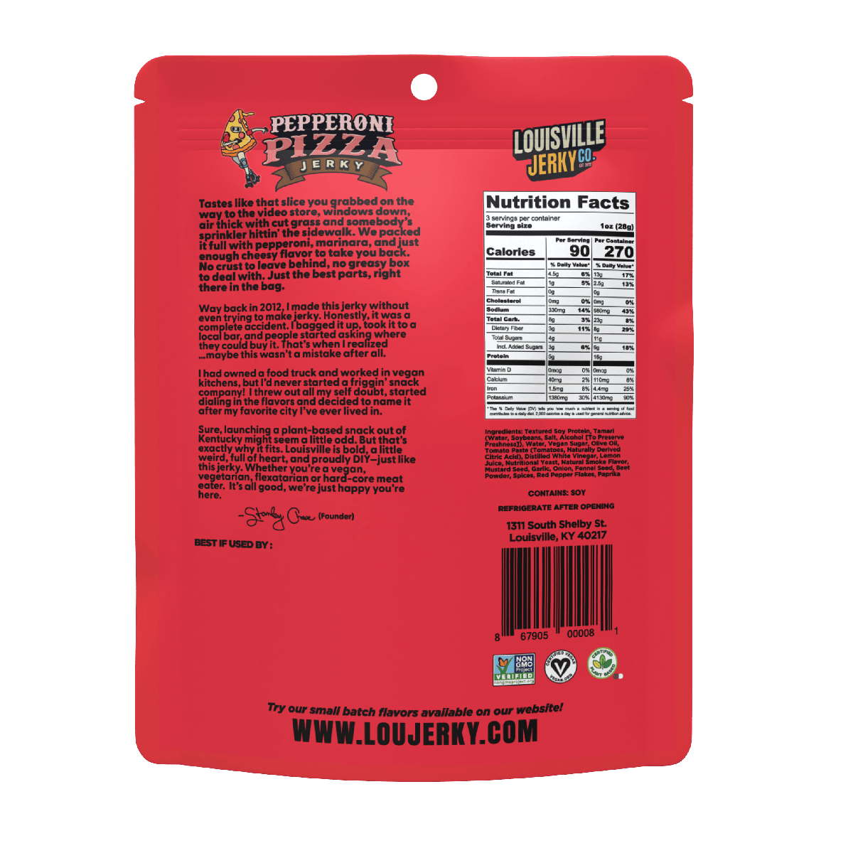 Red packaging of Louisville Jerky with text and nutrition facts on a white background
