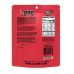 Red packaging of Louisville Jerky with text and nutrition facts on a white background