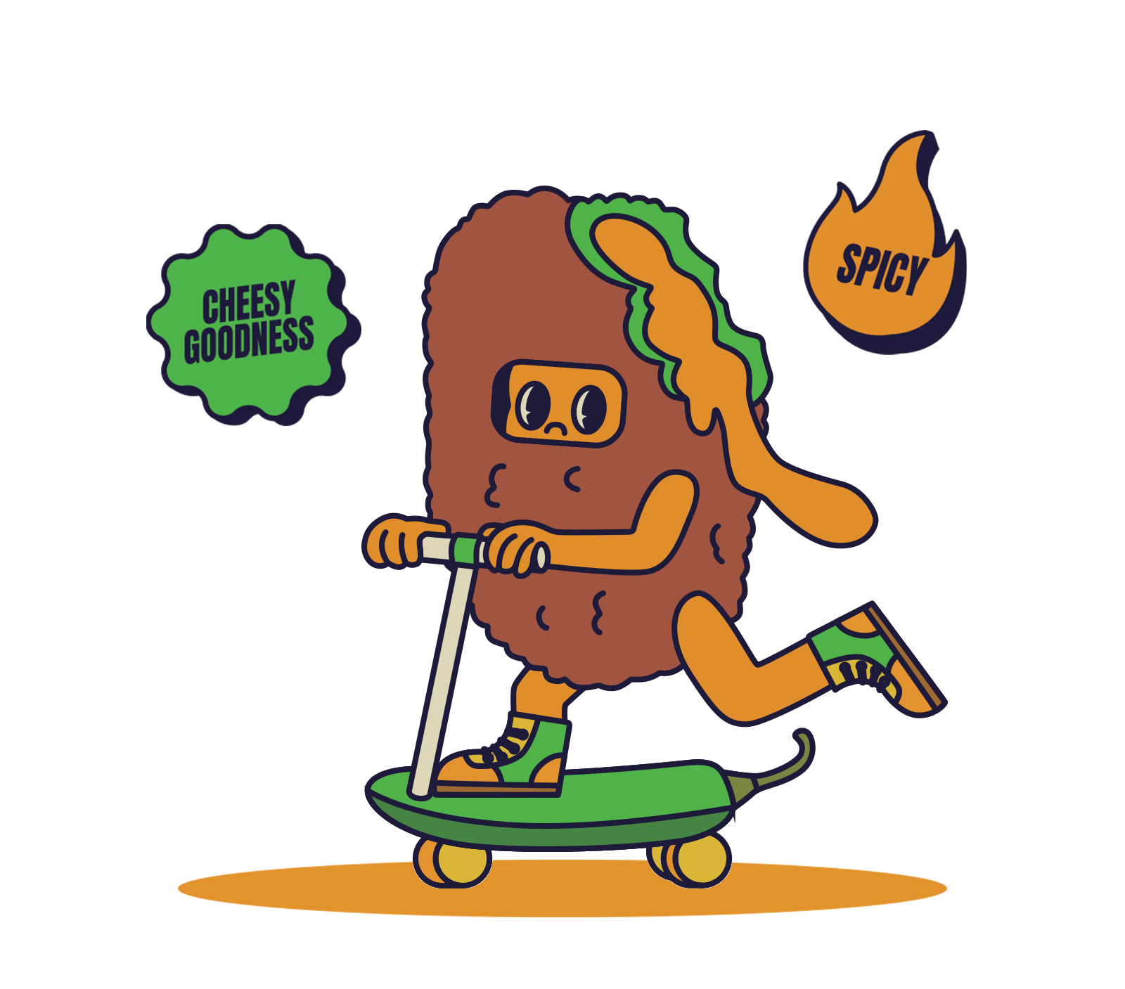 Jalapeño Popper character doing tail whip on scooter