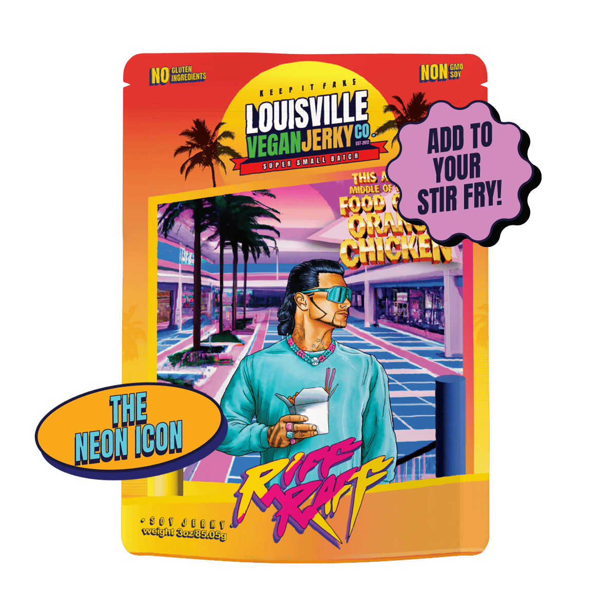 Packaging for Louisville Jerky Co. Riff Raff Orange Chicken flavor.