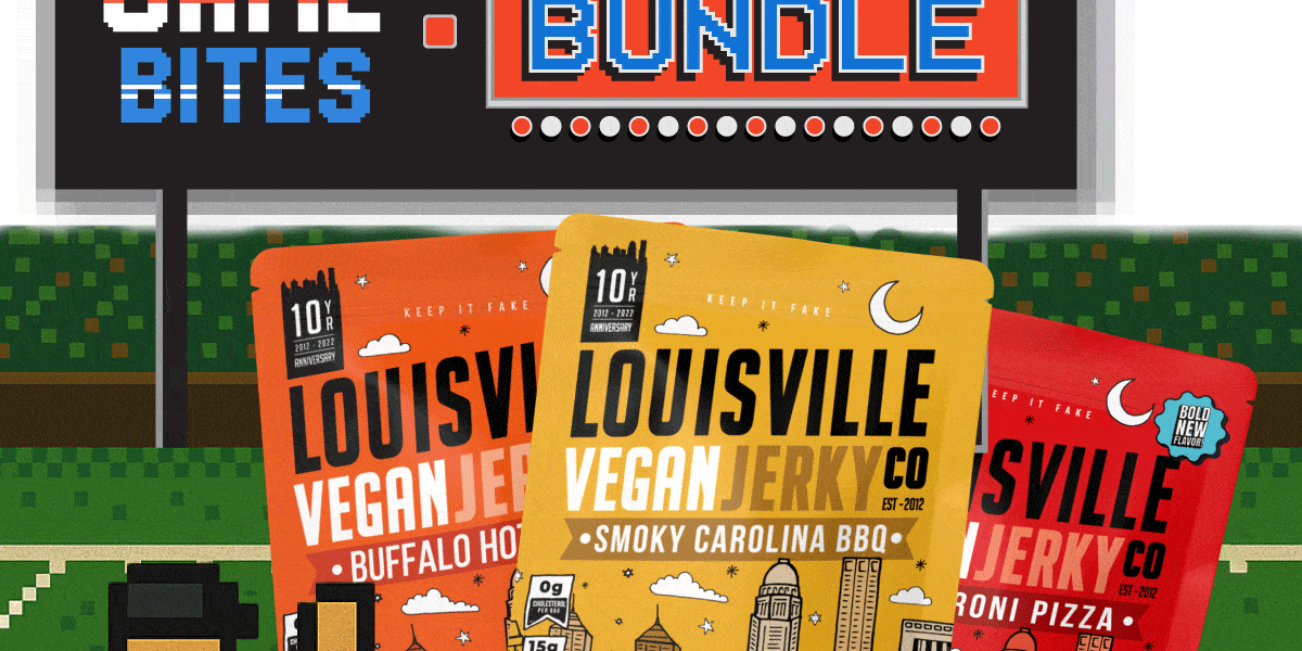 Pixel Illustration of a ref with three bags of jerky on a football field with a sign that says "Big Game Bites: 3-Pack Bundle".