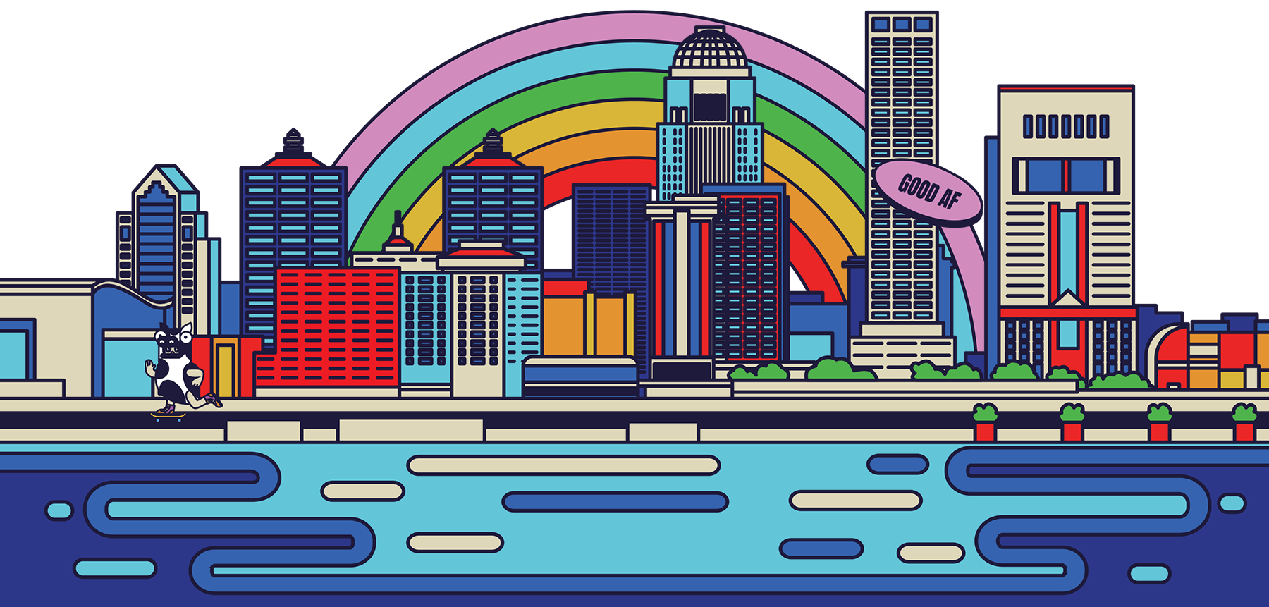 Illustration of Louisville Kentucky with a rainbow in the background.